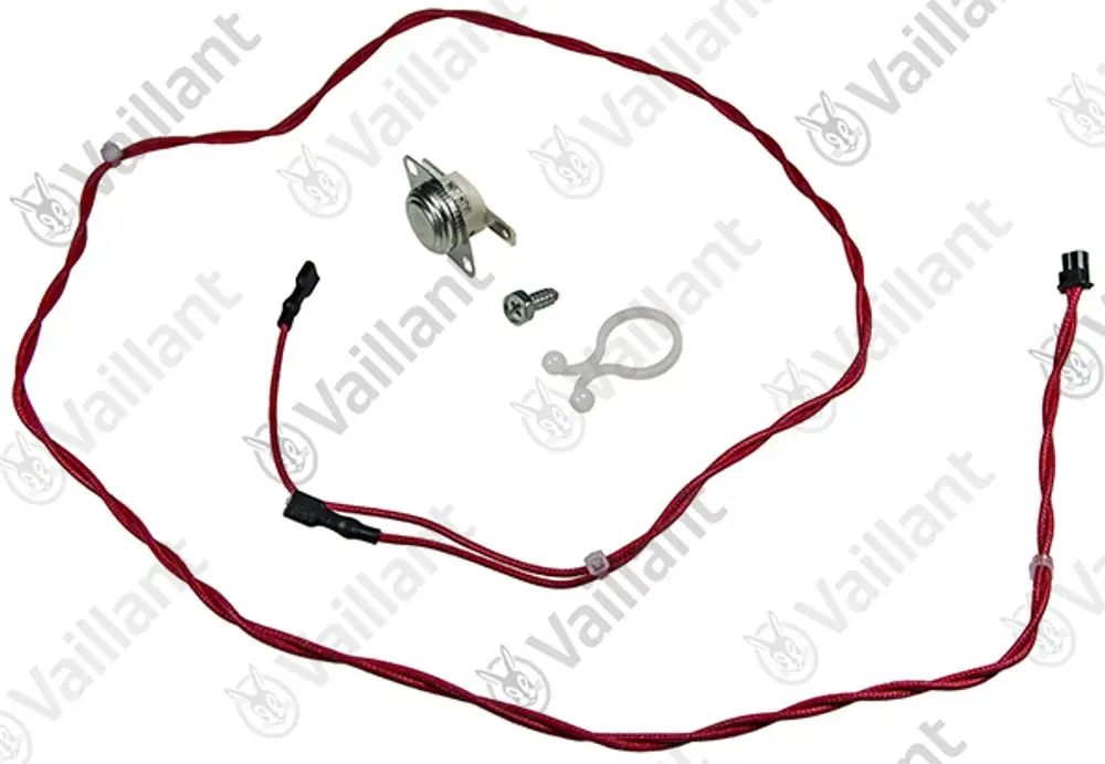 Vaillant Sensor mit Kabel, bestehend aus einem Sensor, zwei Kabeln und einem Befestigungselement. Das Kabel ist rot und die einzelnen Komponenten sind übersichtlich angeordnet.